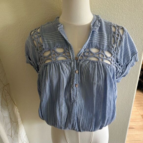 Free People periwinkle blue 100% cotton gauze boxy blouse top, Size Small, NWT - Picture 1 of 9